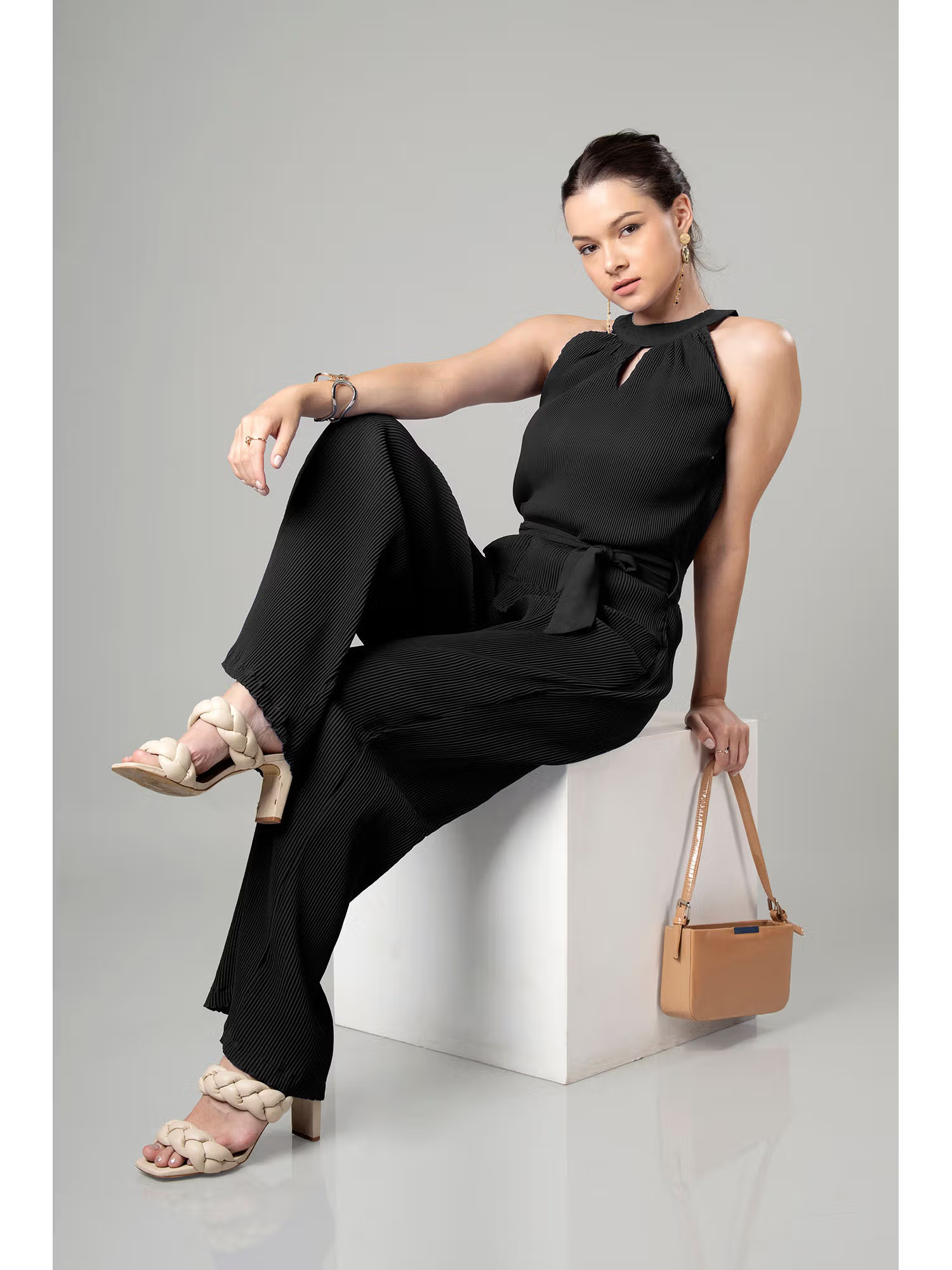 Pleated Halter Neck Jumpsuit For Women