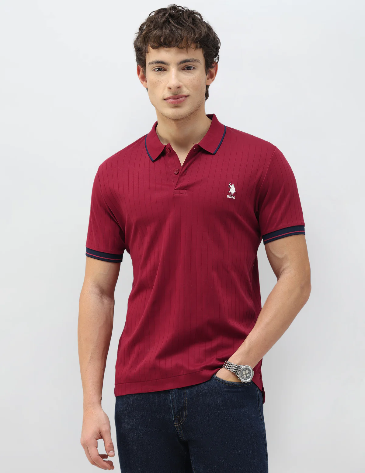 New Port Marina Vertical Striped Patterned Knit Polo Shirt
