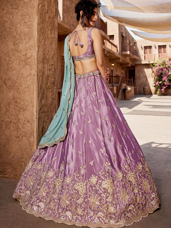Purple Sequined Embroidery Semi-Stitched Lehenga with Blouse and Dupatta (Set of 3)