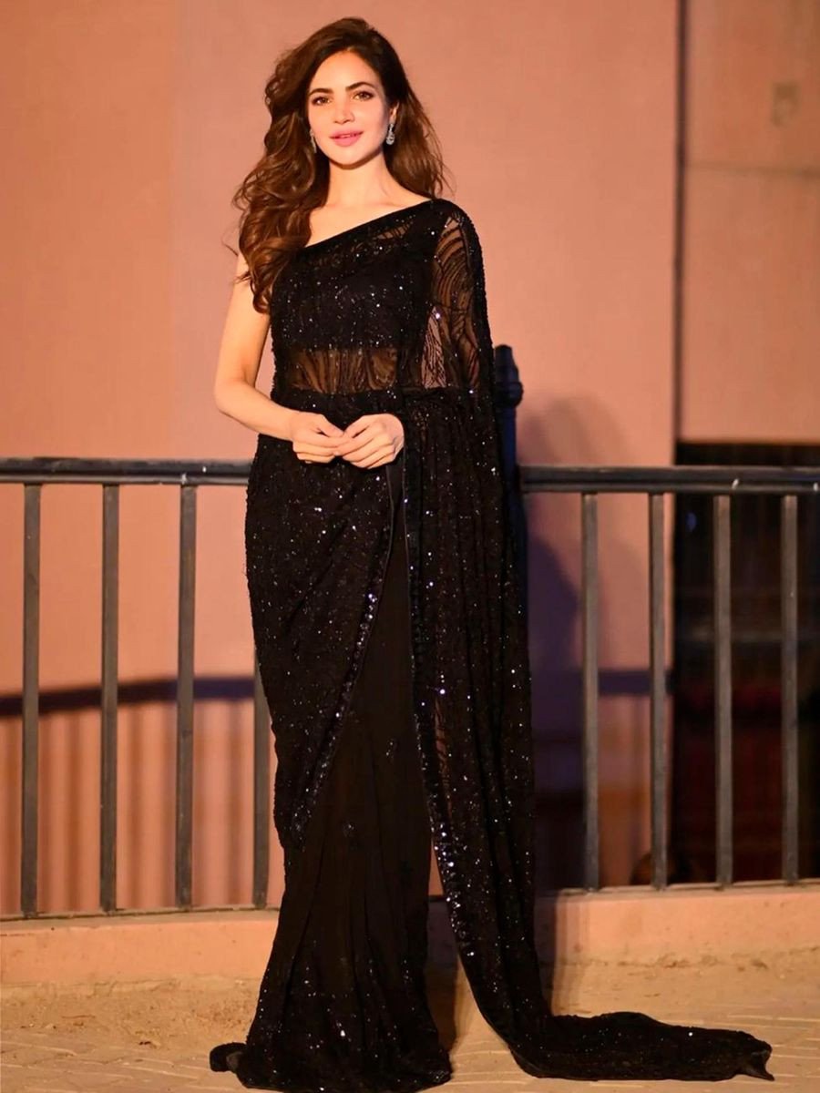Womens Georgette Black Embellished Designer Saree with Unstitched Blouse