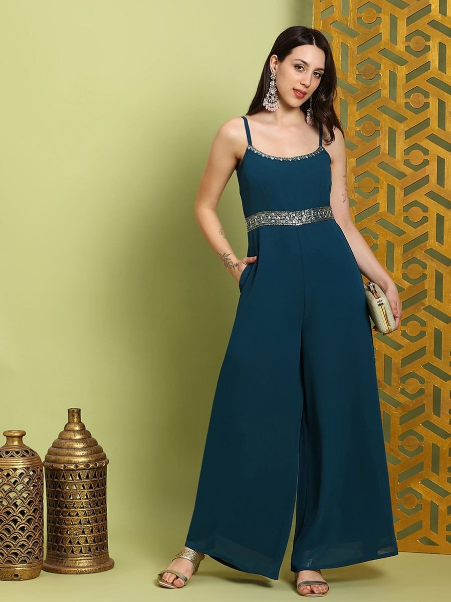 Green Shoulder Straps Embroidered Jumpsuit