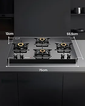 Sujata Cross Gas Stove | 9 Years Warranty | 4 Burner Gas Stove Glass Top, SABAF, ISI Certified, LPG & PNG Compatible, 360° Rotating Brass Gas Nozzle, Jumbo Brass Burner (Black)