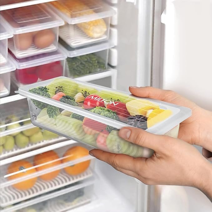 Fridge Storage Boxes Set of 6 Fridge Organizer Container with Waterproof Vinyl Stickers & Removable Drain Plate, Lid, Stackable Box, Plastic Containers 1500 ml, Transparent