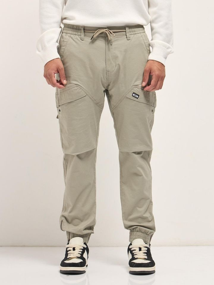 Mens Beige Relaxed Fit Solid Cotton Joggers