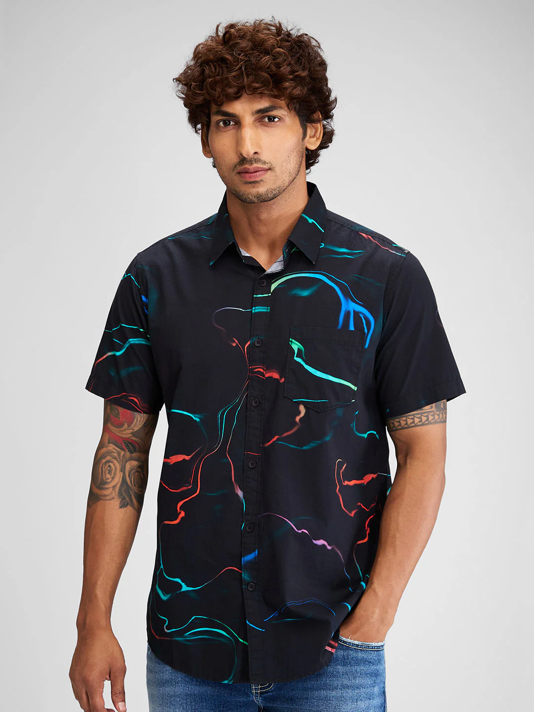 Men Shirt Print Black Slim Fit