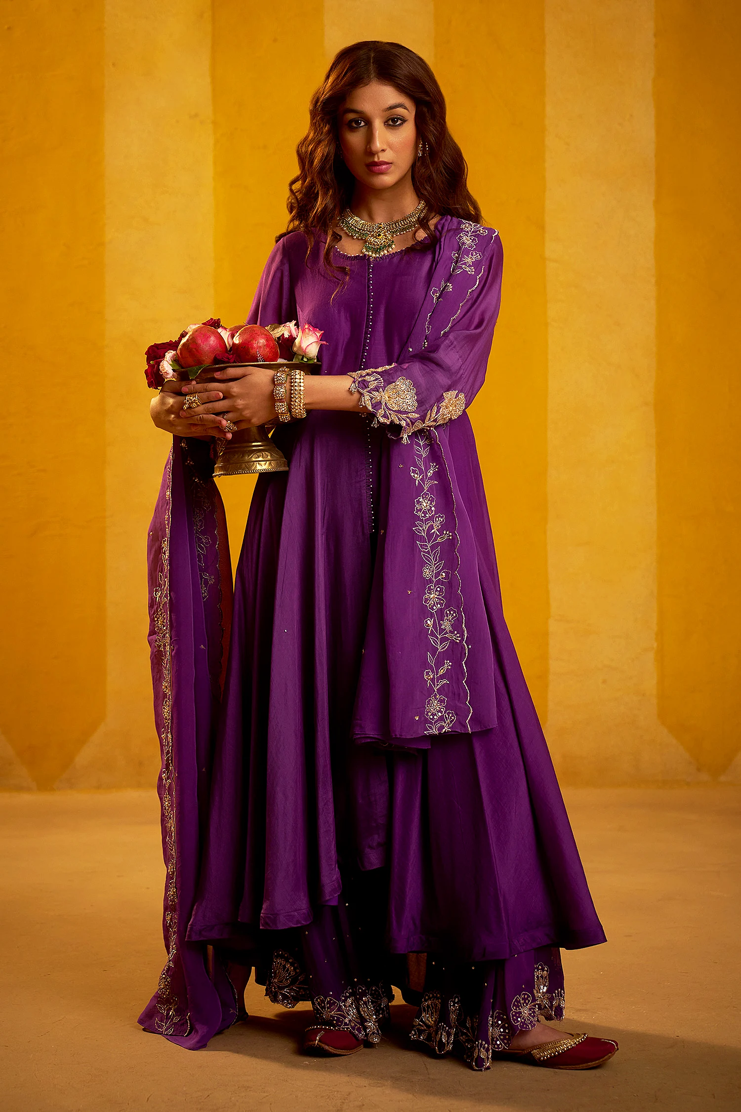 Purple Cotton, Silk, Organza Embroidery, Hand Anarkali Sharara Set With Dupatta