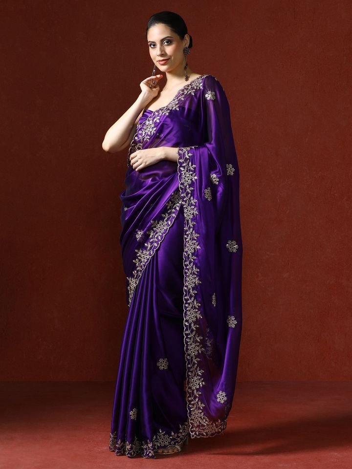 Purple Embellished Satin Silk Sequinned Saree with Unstitched Blouse