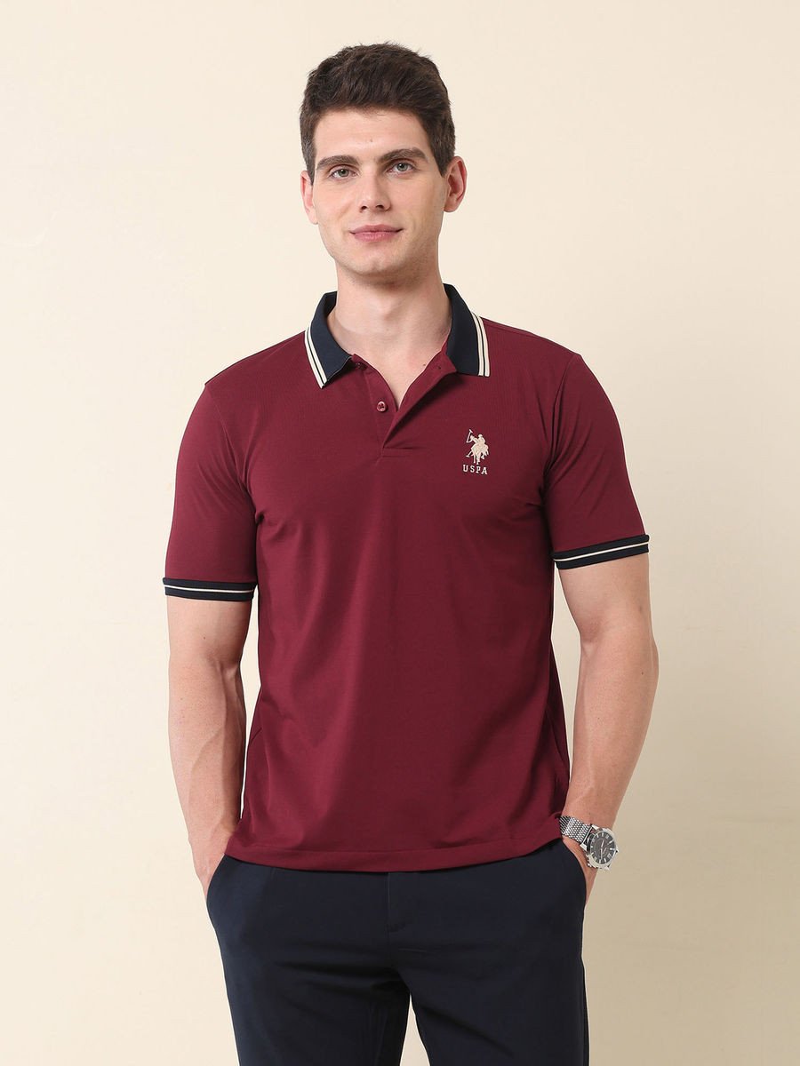 Men Wine Cotton Collar Neck Slim Fit Polo T-Shirt