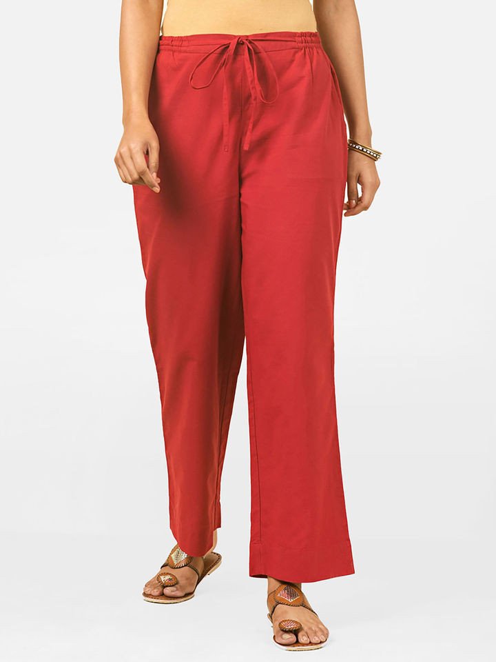 Red Cotton Wide Casual Pant