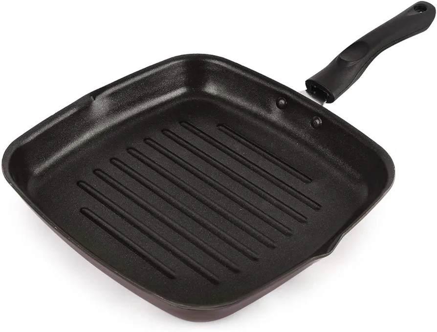 Cello Aluminium Non Stick Grill Pan Square Black- Gas Stove Compatible Only , Maroon