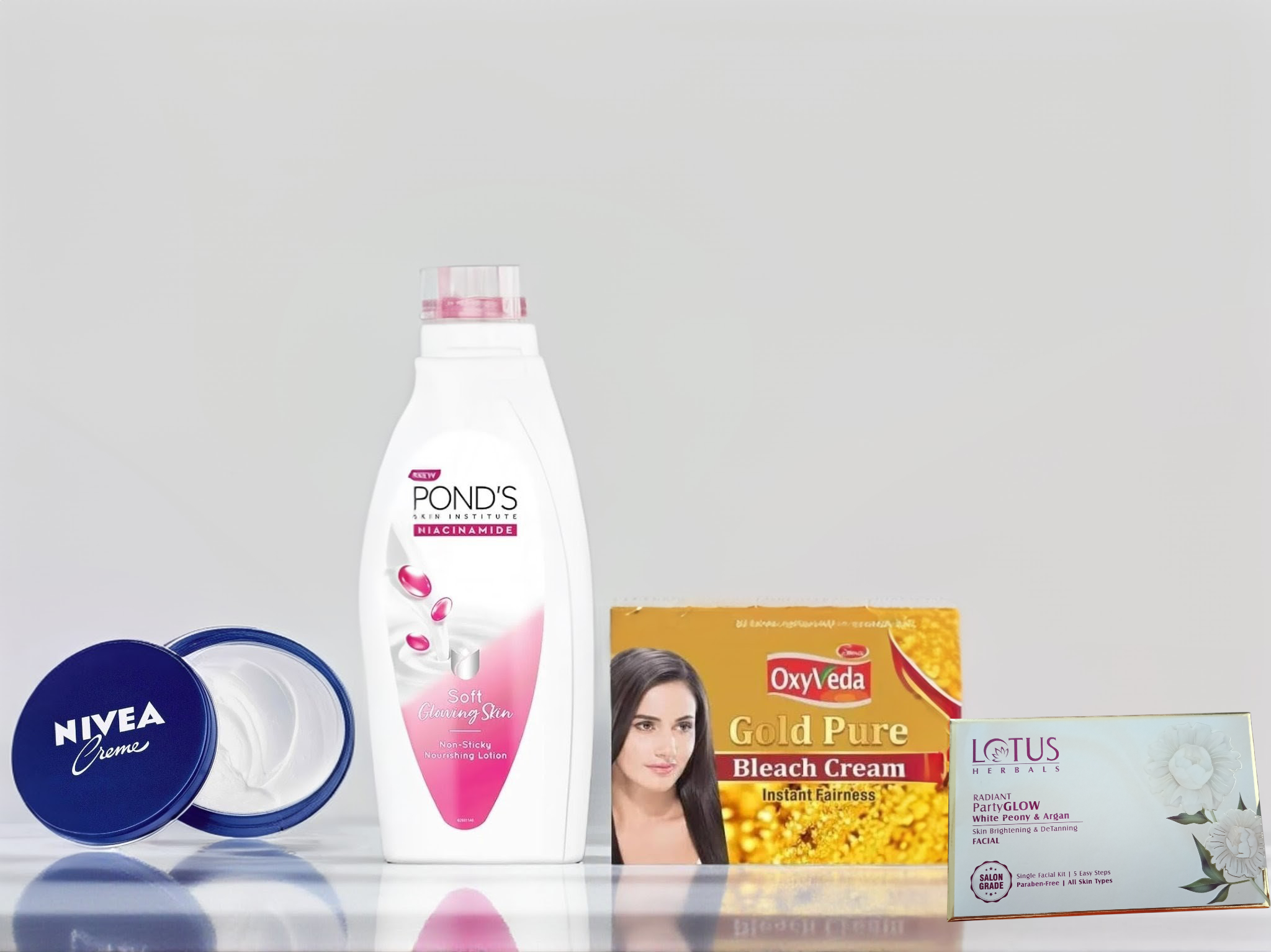 4 Product Combo-POND'S Niacinamide Nourishing Body Lotion,Nivea Creme,Gold Pure Bleach Cream,Lotus Bridal Glow Skin brigntening Facial Kit