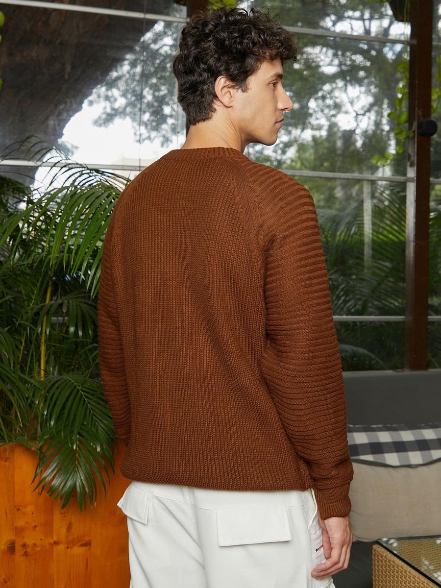 Men Chocolate Brown Self-Raglan Knit Pullover Sweater