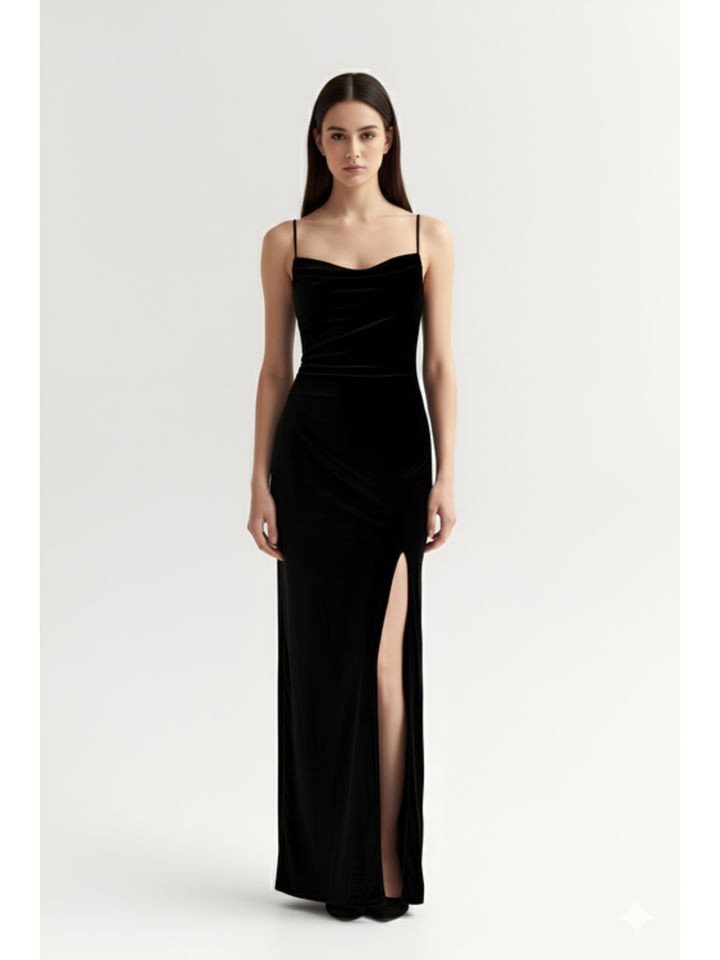 Black Velvet Cowl Neck Maxi Dress