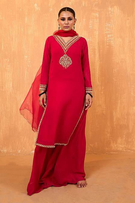 Pink Organza, Crepe, Georgette Pearls, Blossom Embroidered Kurta Palazzo Set
