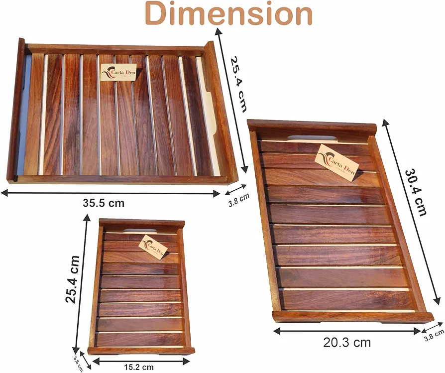 Wooden Serving Trays Modern Style With Cutout Handle Large, Medium And Small For Food, Wooden Trays For Breakfast - Natural Wood And Brown (Set of 3) Rectangular