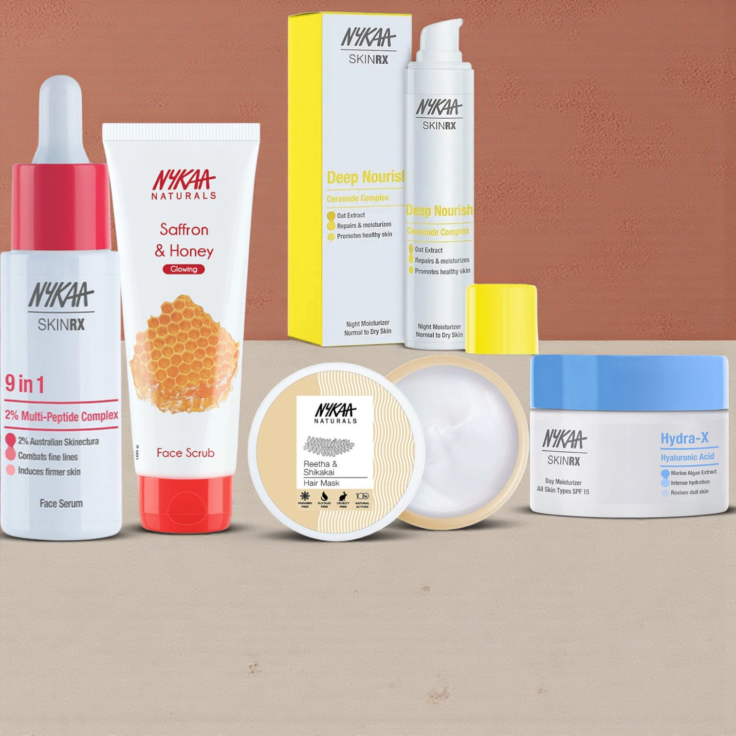 Nykaa Combo set-  Hyaluronic Acid Face Day Moisturizer, SKINRX  9 in 1 Anti-Aging Face Serum ,SKINRX Ceramide Barrier Repair  Night Moisturizer, Naturals Saffron & Honey Face Scrub, Naturals Reetha &