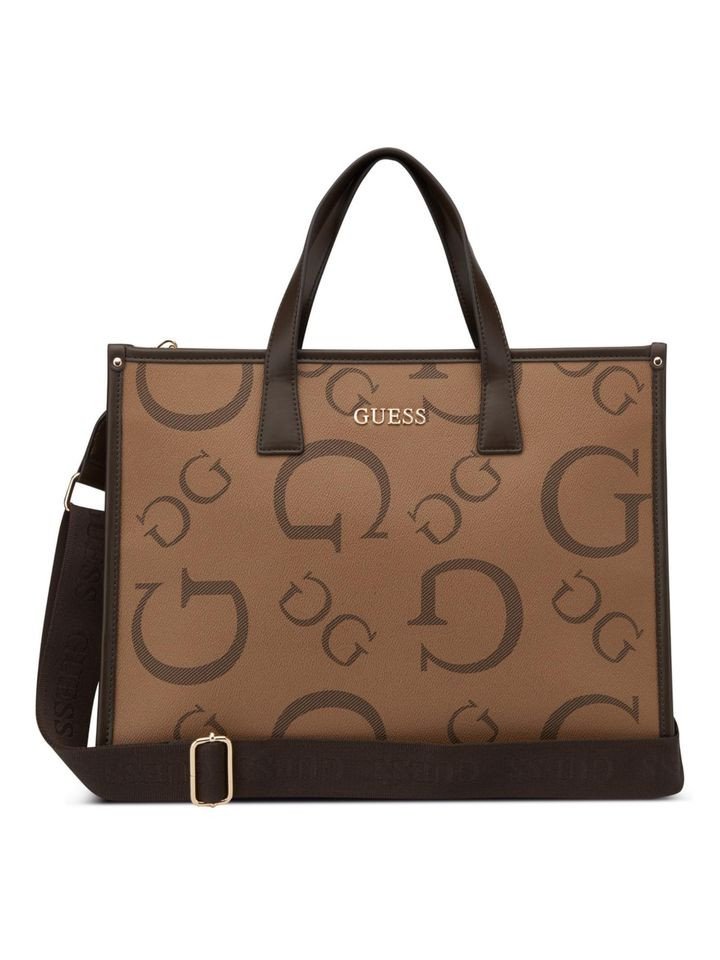 Guess Brown Pvc Printed Handbag with Detachable Strap