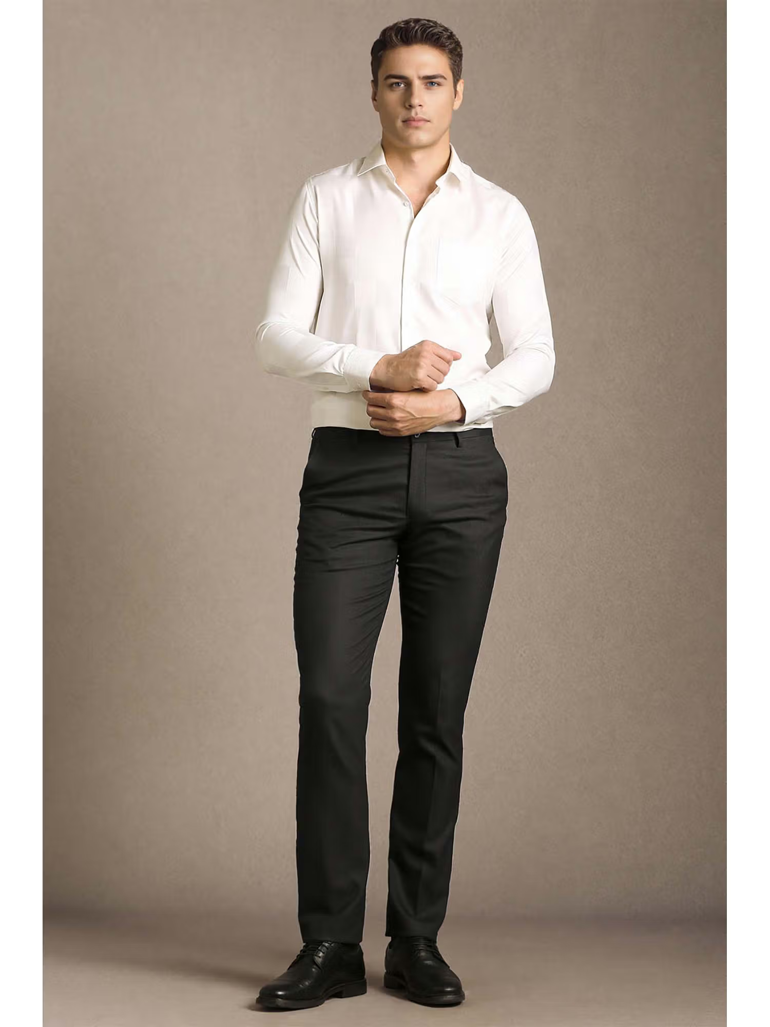 Men Black Textured Flat Front Formal Trouser