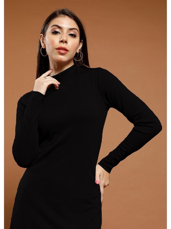 Black Full Sleeves High Neck Solid Bodycon Casual Dress