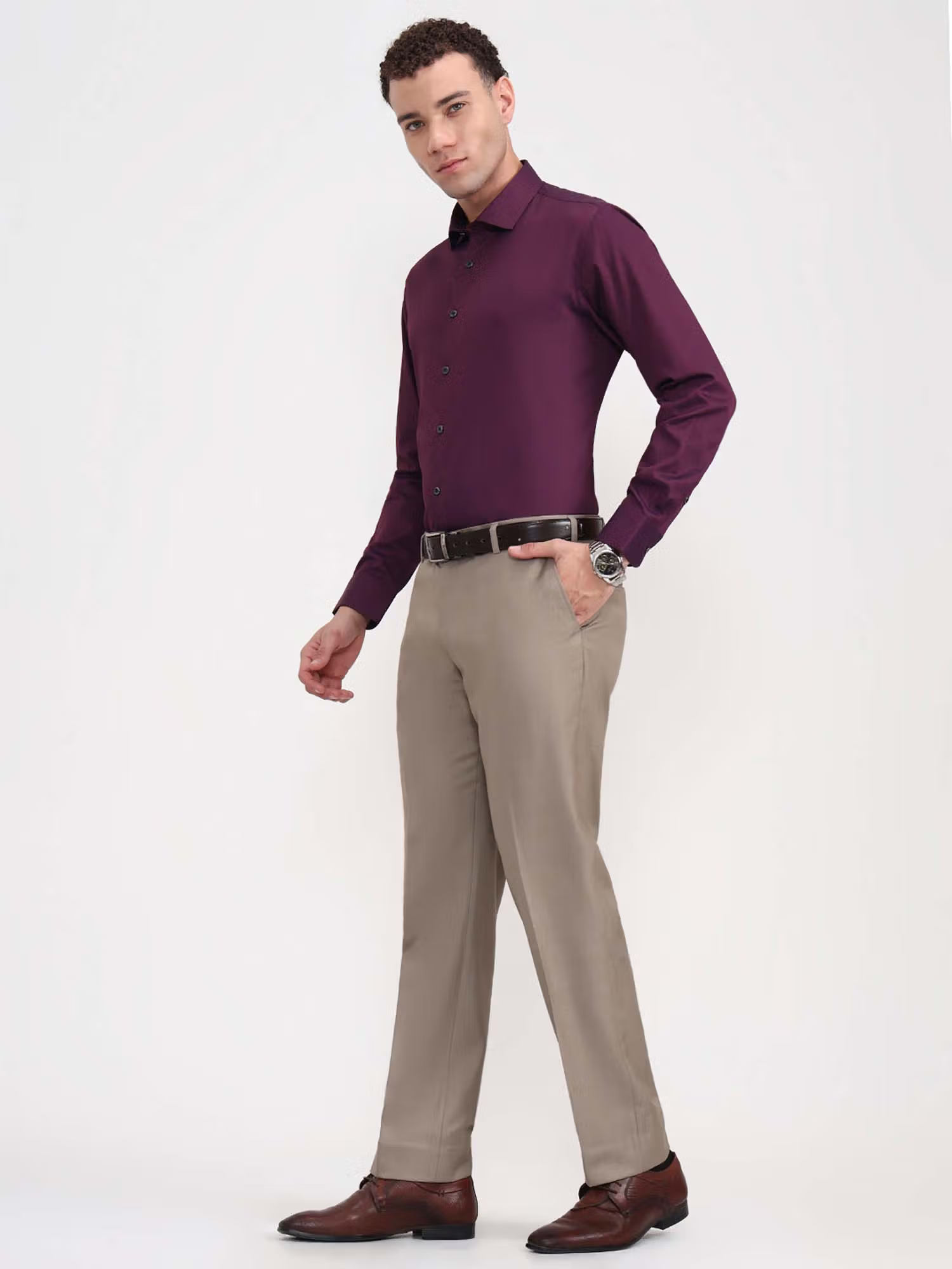 Men Beige Terry Rayon Formal Trouser