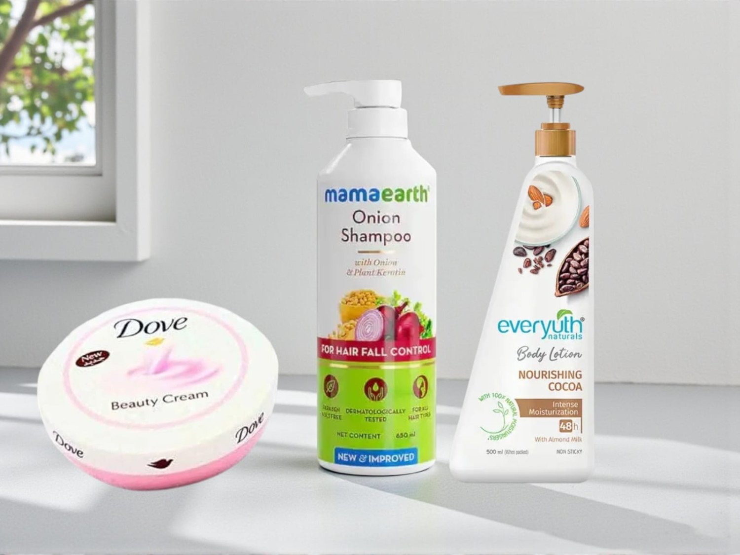 3 Product Combo Dove Moisturizer, Mamaearth Onion Shampoo, Everyuth Body Lotion