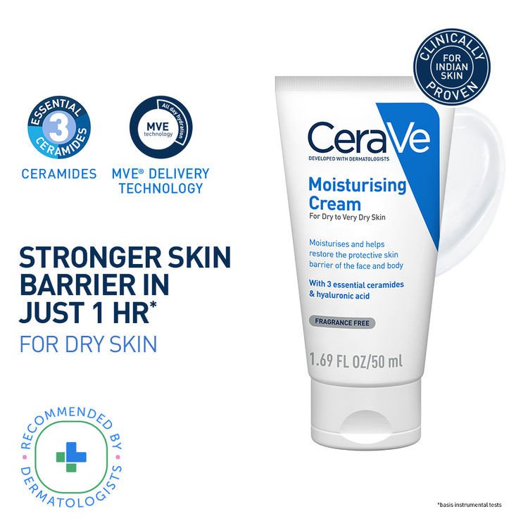 CeraVe Moisturizer Cream For Dry Skin With Ceramides & Hyaluronic Acid For Barrier Repair (50ml)