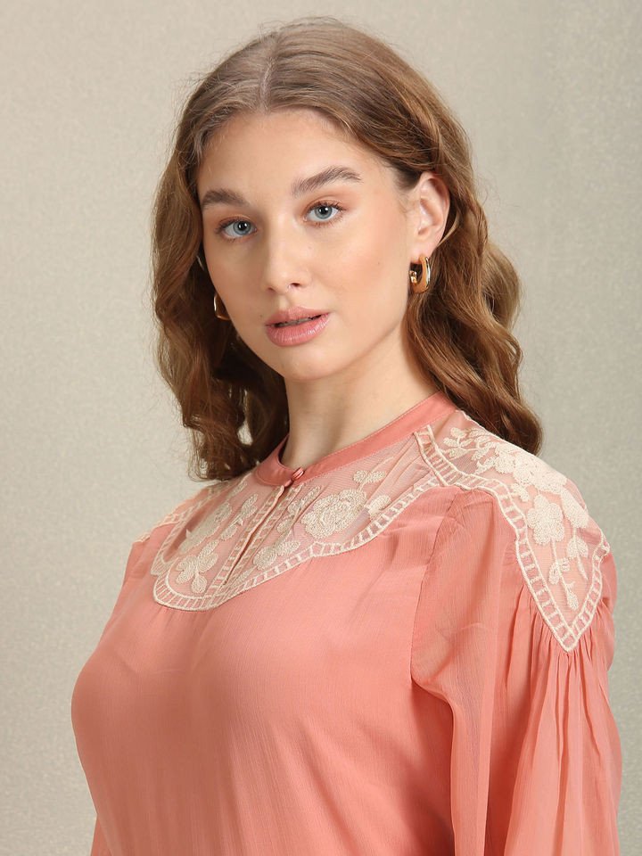 Placement Lace Peach Embroidered Top
