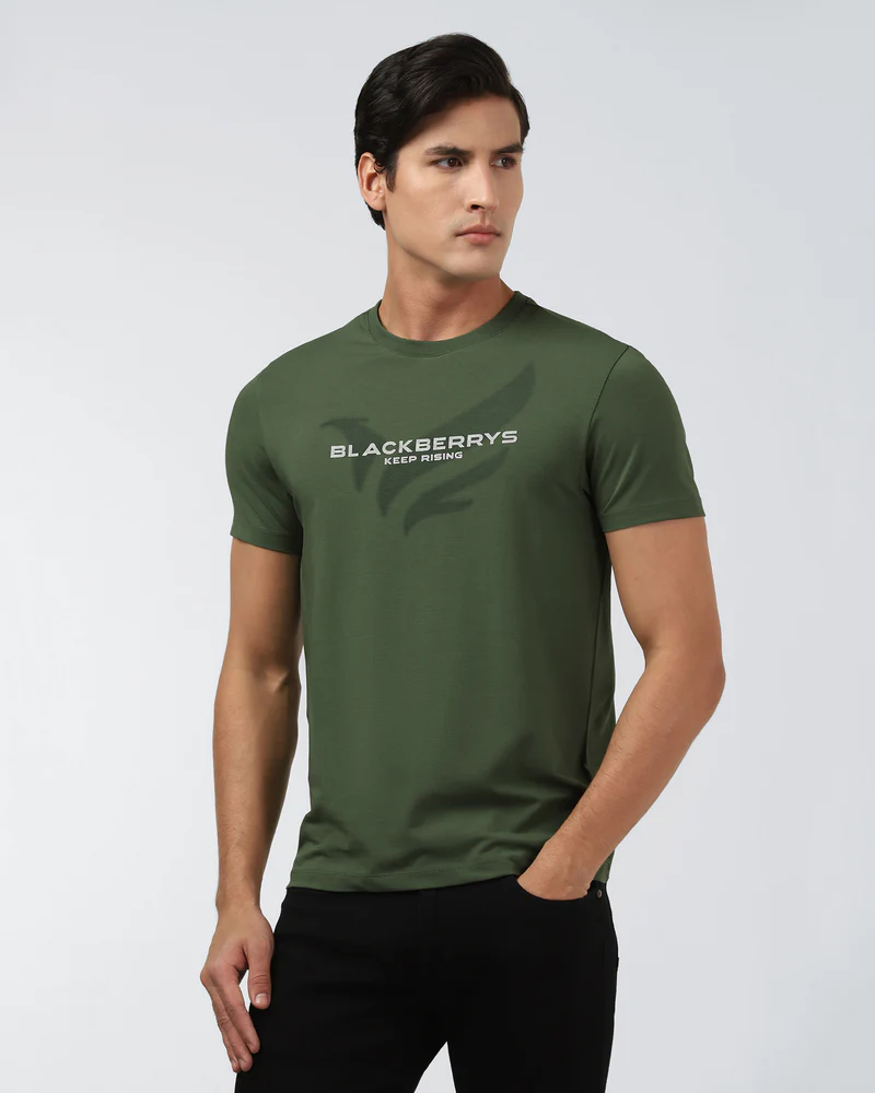 Olive Green Crew Neck Printed T-Shirt - Posi