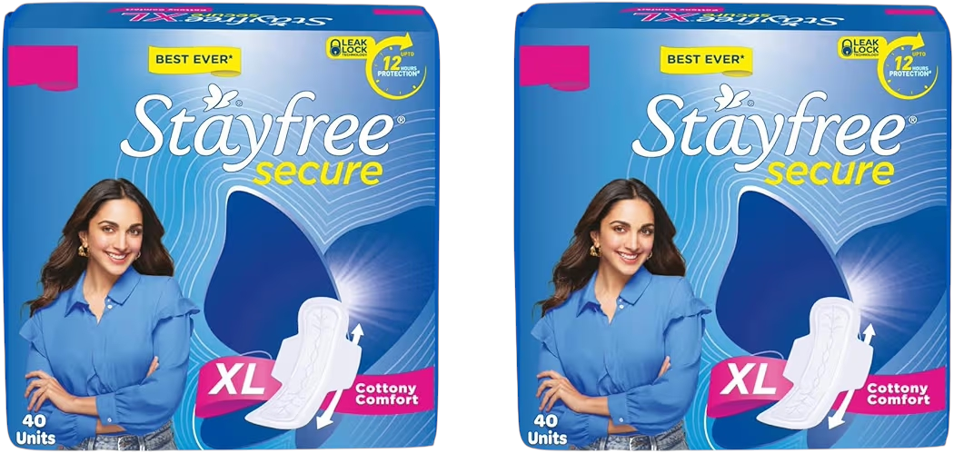 Stayfree Secure xl | Cottony Soft Sanitary Pads for Women | With LeakLock Technology | Odour Control | Absorbs upto 100% fluid | Up to 12 Hours of Protection | 40 Pads (Pack of 2)