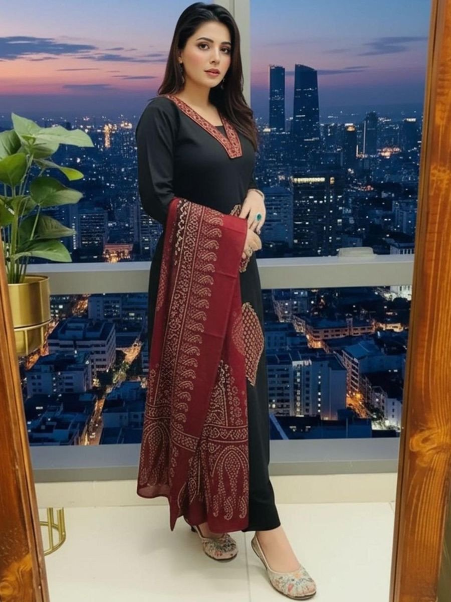 Womens Black Rayon Blend Printed Straight Kurta and Pant with Dupatta