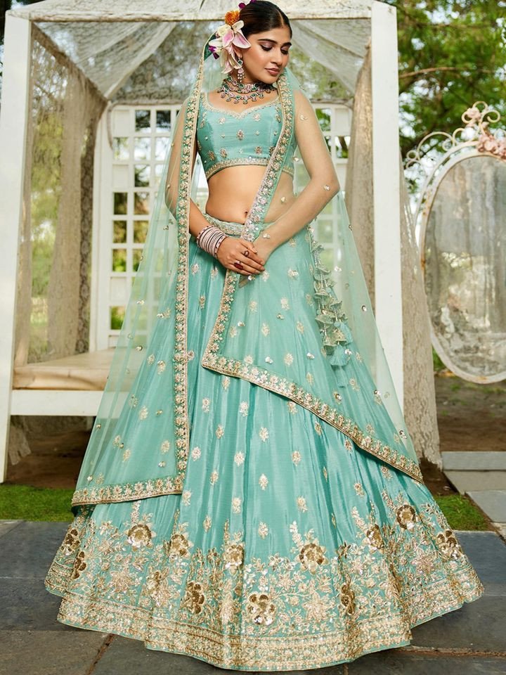 Sea Green Chinnon Sequin Embroidery Semi Stitched Lehenga & Choli with Dupatta (Set of 3)