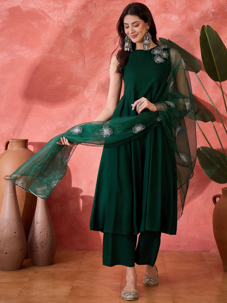 Green Rayon Flared Kurta with Palazzo and Dupatta (Set of 3)