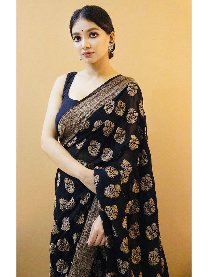 Black Woven Banarasi Silk Kanjivaram Saree with Unstitched Blouse with Unstitched