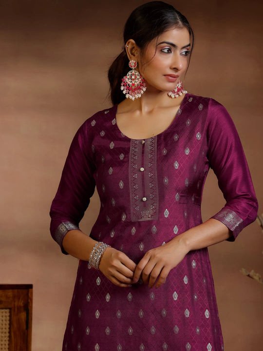 Burgundy Woven Design Silk Blend Straight Suit With Dupatta