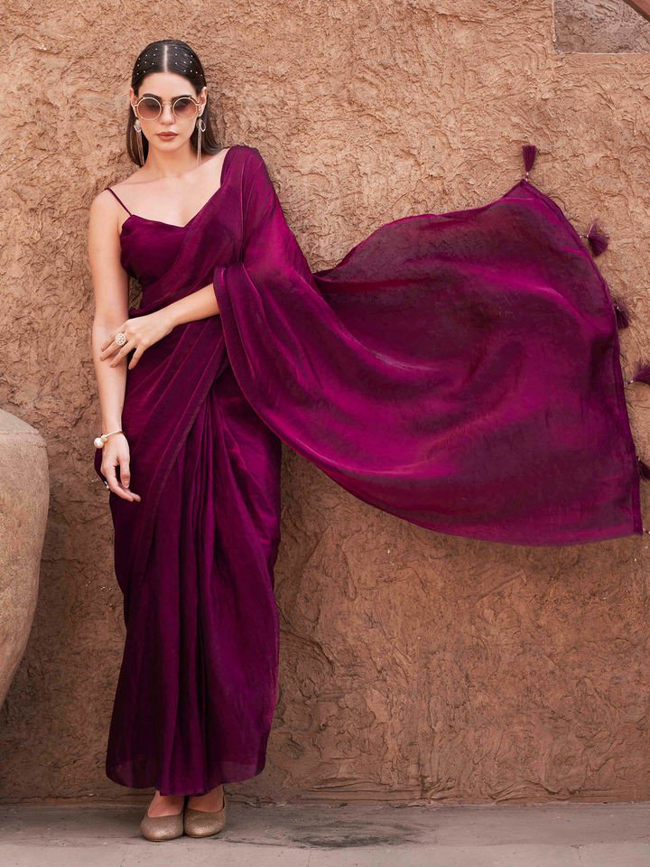 Wine Colored Shimmer Pre-Draped Saree with Unstitched Blouse