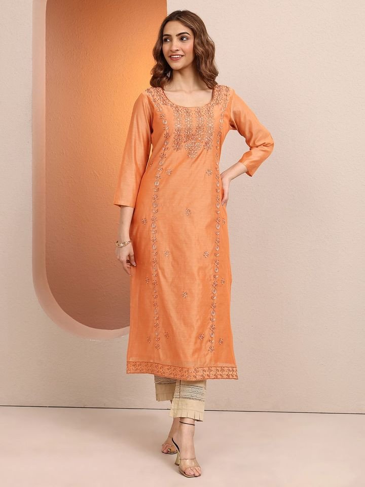 Libas Peach Embroidered Chanderi Silk Straight Kurta for Women