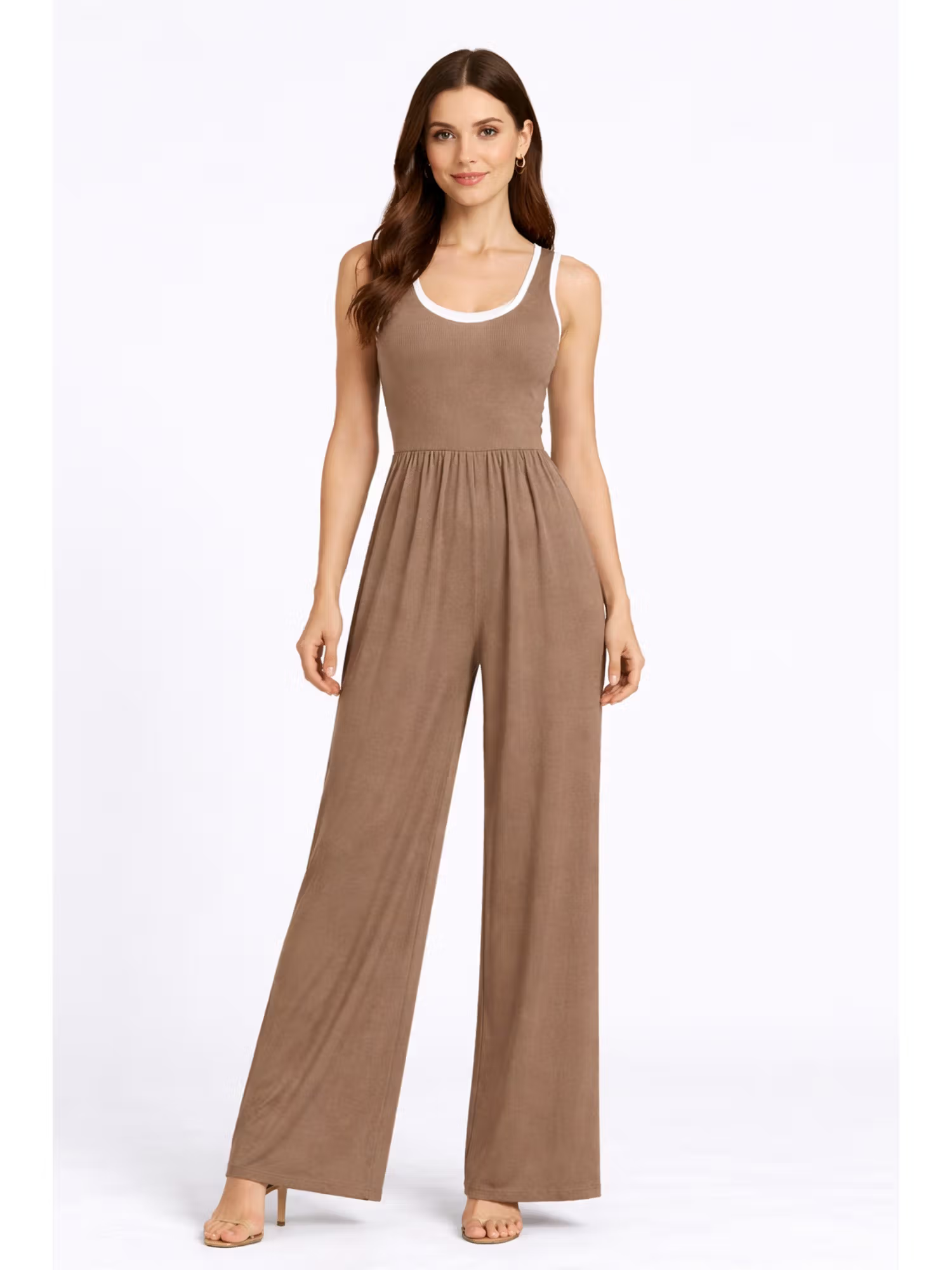 Beige Contrasting Binding Pocket Wide Leg Jumpsuit