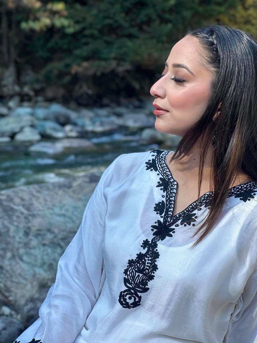 Pearly White Summer Floral Embroidered Kurti