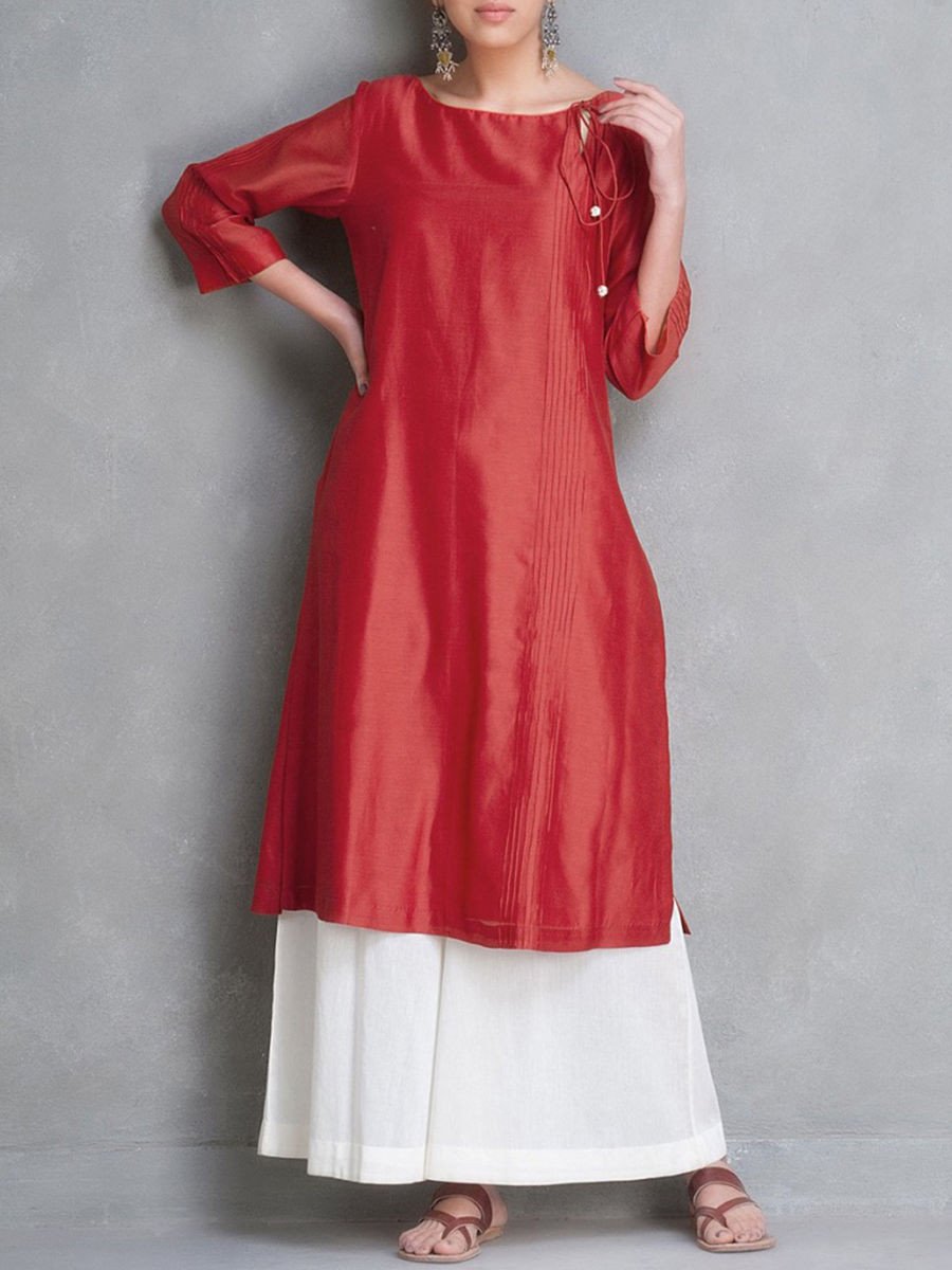 Vermillion Chanderi Kurta With Pintuck