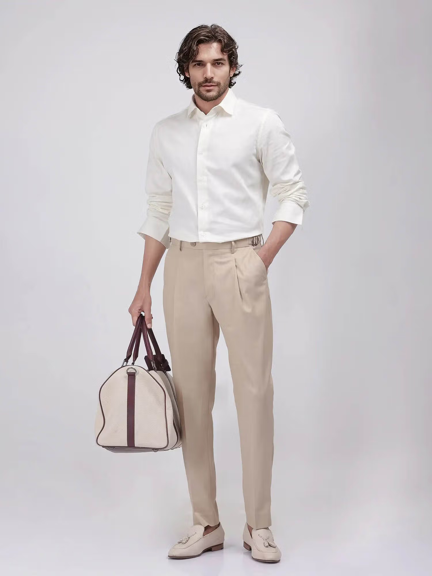 Naji Beige Plain Relaxed Fit Trouser