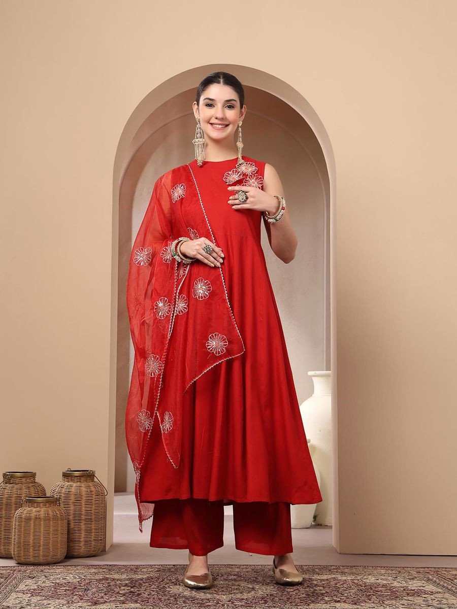 Red Rayon Kurta With Palazzo & Dupatta