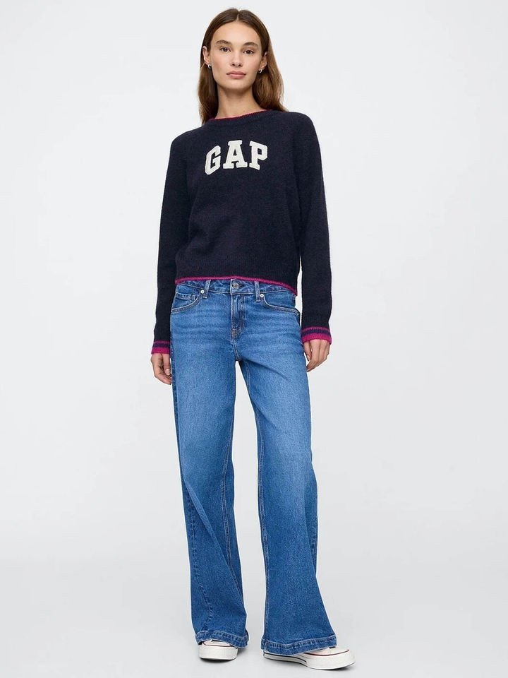 Women Navy Blue Applique Logo Round Neck Pullover Sweater
