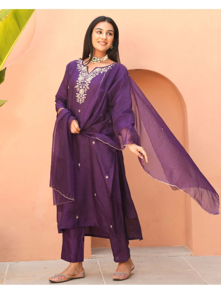Purple Handwork Embroidered Kurta With Pant & Dupatta