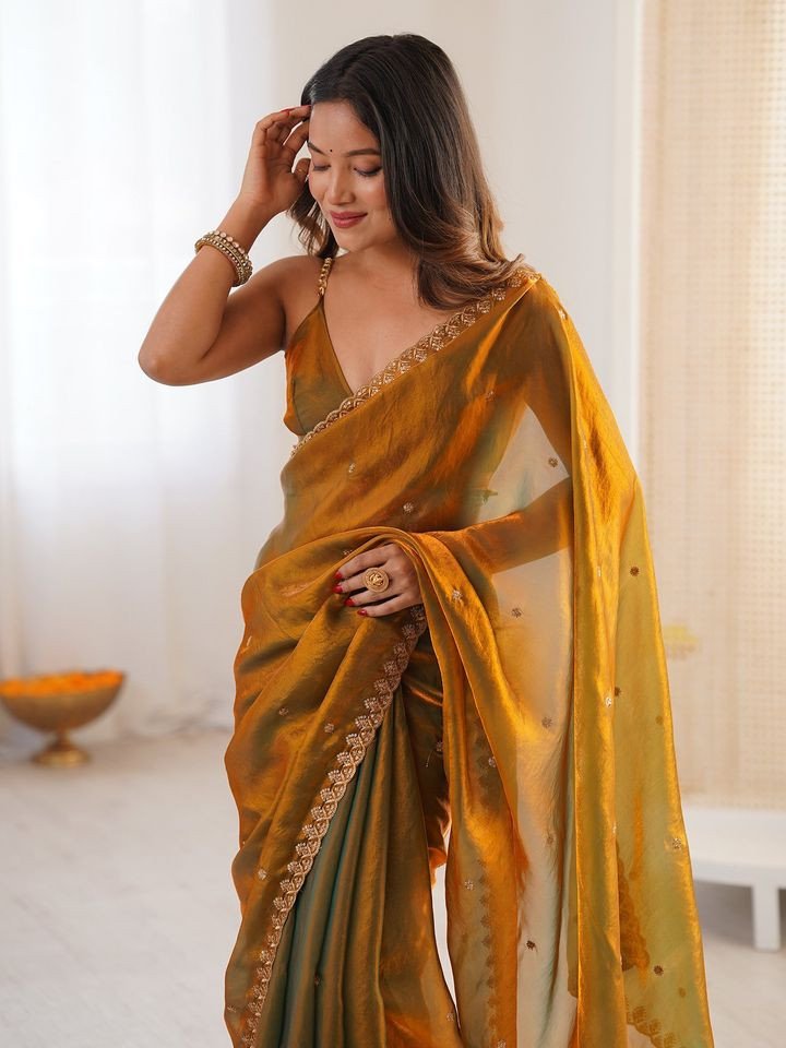 Women's Paper Silk Gold Embellished Designer Saree With Unstitched Blouse
