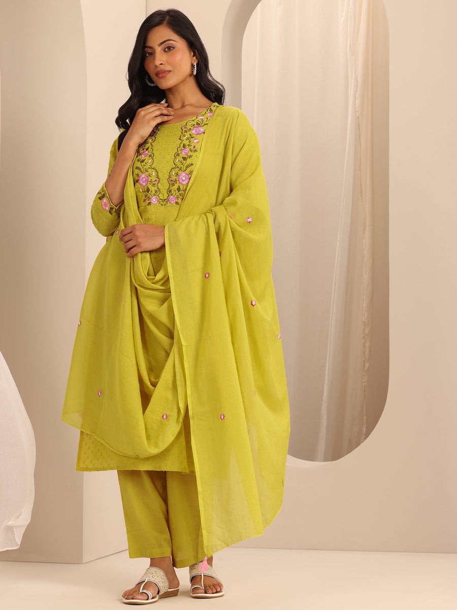 Yellow Yoke Design Cotton Straight Suit Set With Dupatta
