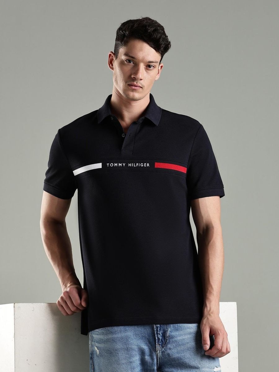Men Navy Blue Cotton Regular Fit Polo T-Shirt