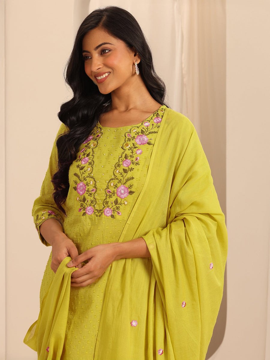 Yellow Yoke Design Cotton Straight Suit Set With Dupatta