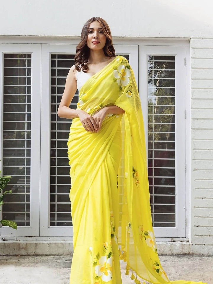 Yellow Floral Saree with Unstitched Blouse