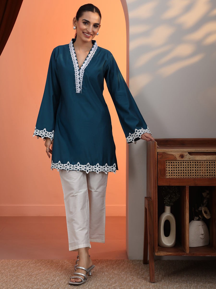 Blue Solid Silk Blend Straight Short Kurti