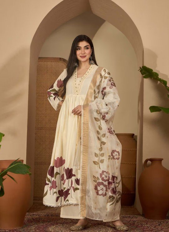 Women Cream Floral Printed Rayon Flared Kurta With Palazzo & Dupatta